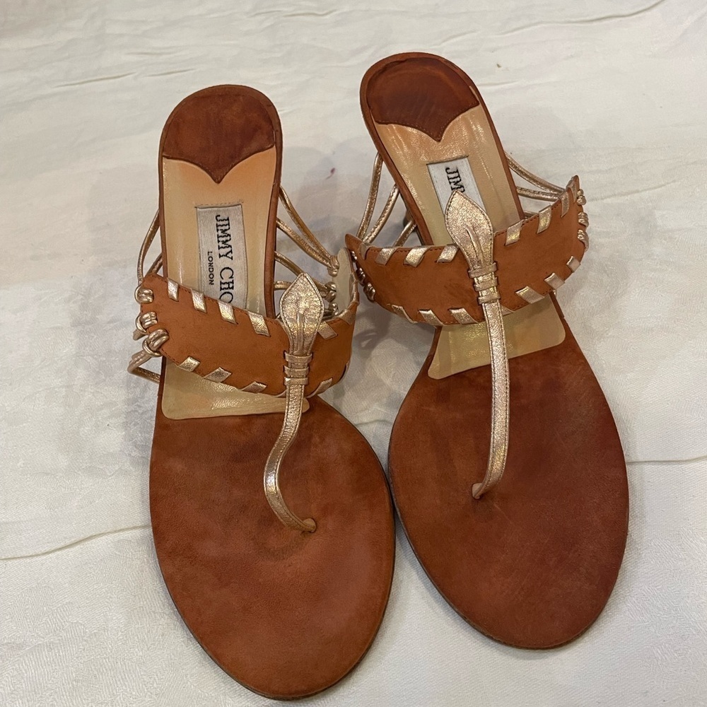 Jimmy Choo Sandals low kitten heel thong open back brown leather designer - Picture 1 of 10